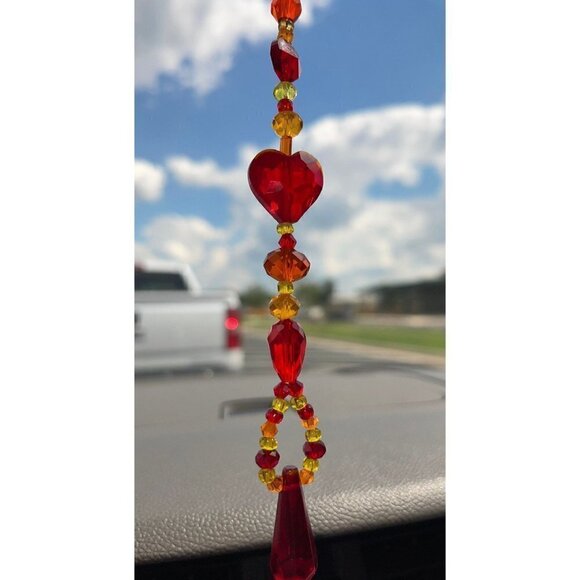 Beaded Suncatcher Rearview Mirror Ornament Yellow Red Crystal Prism Car Charm - Picture 4 of 10
